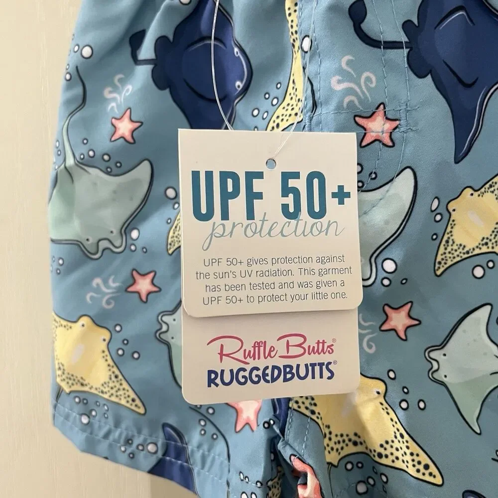 RuffleButts RuggedButts Starfish Stingrays Swim Trunks UPF 50+ Boys 6-12 Mos NWT